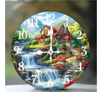 Umfarvt Wall Clock 16Inch, Arabic Numeral Round Wall Hanging Clock with Ultra-Quiet Movement Quartz, Battery Operated Silent Wall Clocks for Bedroom Office Living Room Classroom(Streamside Villa)