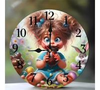 Umfarvt Wall Clock 8Inch, Arabic Numeral Round Wall Hanging Clock with Ultra-Quiet Movement Quartz, Battery Operated Silent Wall Clocks for Bedroom Office Living Room Classroom(Gluttonous Girl)