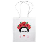Umhängetasche Frida: Stofftasche, Jutebeutel mit buntem Farbaufdruck. Aus 100% Baumwolle mit langen Trägern. Porträtmotiv Kahlo Blumen. Accessoire für Fans farbenfroher Kunst. Reusable Bag
