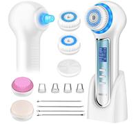 UMICKOO Brosse exfoliante pour le visage, étanche avec écran LCD, tire-comédons avec 5 têtes de brosse, brosse rotative pour exfoliation (blanc-bleu)