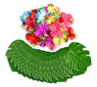 UMIKU Lot de 60 Feuilles de Palmier Tropicales et Fleurs d'hibiscus pour fête hawaïenne Luau 20 cm, décorations de Table sur Le thème de la Jungle et de la Plage