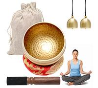 UMILKI Bols Chantants, Bol de Méditation avec Maillet en Bois/Coussin Soie/2 Pendentif Cloche, Chantants Tibétains pour Relaxation Mentale/Yoga/Méditation, Chantant Yoga a un Sac Jute (?8,6cm) YG-6