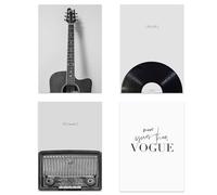 Umimiss Lot de 4 affiches de décoration de salle de musique - Décoration murale de musique, cadeaux de musique, affiches de musique noir et blanc, instruments de guitare vintage pour la vie (sans