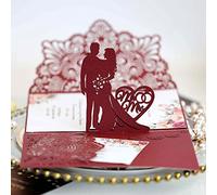 UMIMO 50sets 3D Pop Up Bride and Groom Blanc Carte D'invitation De Mariage Invitations De Fiançailles Florales De Poche Découpées Au Laser avec Enveloppe Et Papier Intérieur (Or),18 * 12.5CM