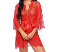 UMIPUBO Femmes Vêtements de Nuit Sexy Lingerie Dentelle Mis en Maille Nuisette Chemise de Nuit Sleepwear Robe + G-String Ensemble (EU 38, Rouge)