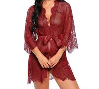 UMIPUBO Femmes Vêtements de Nuit Sexy Lingerie Dentelle Mis en Maille Nuisette Chemise de Nuit Sleepwear Robe + G-String Ensemble(Vin Rouge,M)