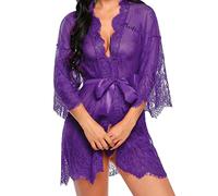 UMIPUBO Femmes Vêtements de Nuit Sexy Lingerie Dentelle Mis en Maille Nuisette Chemise de Nuit Sleepwear Robe + G-String Ensemble (EU 38, Violet)