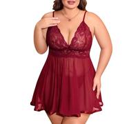 UMIPUBO Nuisette Sexy Femme Grande Taille Lingerie Dentelle Babydoll Robe Sensuelle Chemise de Nuit Tenue Hot Ensemble sous Vetement avec String Xl-4XL (Vin Rouge, 4XL)