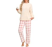 UMIPUBO Pyjama Femme Hiver Polaire Ensemble de Pyjama Pilou Chaud et Doux Vêtements de Nuit Flanelle 2 Pièces Combinaison Manche Longues Wear Pijamas Sleepwear avec Poches Cadeau (Beige+Rose, XL)