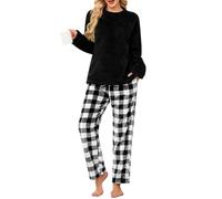 UMIPUBO Pyjama Femme Hiver Polaire Ensemble de Pyjama Pilou Chaud et Doux Vêtements de Nuit Flanelle 2 Pièces Combinaison Manche Longues Wear Pijamas Sleepwear avec Poches Cadeau (Noir+Gris, XXL)