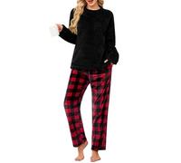 UMIPUBO Pyjama Femme Hiver Polaire Ensemble de Pyjama Pilou Chaud et Doux Vêtements de Nuit Flanelle 2 Pièces Combinaison Manche Longues Wear Pijamas Sleepwear avec Poches Cadeau (Noir+Rouge, L)