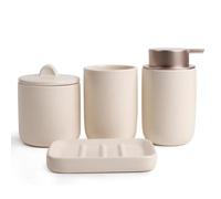 UMLACA Ensemble Salle de Bain 4 Pièces en Céramique - Distributeur de Savon 350ml, Gobelet, Porte-Savon, Pot à Coton - Design Moderne (Amande Rouge, Distributeur de Savon Mousse)
