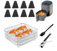 Umllpet Étagère pour friteuse à air, étagère empilable à 3 couches, friteuse à air en acier inoxydable 304, panier avec 8 pieds en silicone, 1 pince à épiler et 1 brosse pour four Airfryer Accessoires