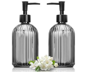 Umllpet Lot de 2 Distributeurs de Savon en Verre 400ML, Distributeurs de Savon Liquide avec Pompe Rayée Noire, pour Cuisine & Salle de Bain