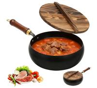 Umllpet Poêle en fer forgée à la main avec couvercle, casserole Big Belly non revêtue, compatible avec induction, marmite en fer avec poignée en bois pour rôtir, braiser, sauter (28 cm)