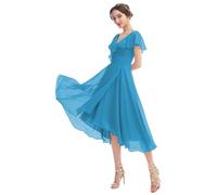UMLXYER Robes De Demoiselle D’Honneur Courtes à Volants Manches en Mousseline De Soie Col en V Robes De SoiréE Formelles pour Femmes Robes De Cocktail avec Poches Ocean Blue XL