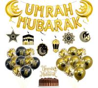 Umrah Mubarak Bannière de décoration de fête noire et dorée pour le Ramadan l'Aïd - Ballons en aluminium - Décoration de fête pour un festival islam musulman