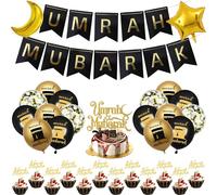 Umrah Mubarak Kit de décoration de fête - Kit de décoration de 32 pièces - Bannière de lettres, ballons étoile lune, ballons à confettis et décoration de cupcakes pour Ramadan, Aïd et Umrah