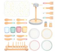 UMU Grand ensemble de vaisselle en bois - 28 pièces pour enfants avec assiettes, tasses, couverts et support - Accessoires de cuisine pour la cuisine de jeu - Vaisselle de jeu de rôle à partir de 3, 4