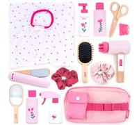 UMU Kit de Coiffure en Bois pour Enfants - 17 pièces - Jouets de Coiffure pour Filles avec sèche-Cheveux, Fer à Lisser, Peigne et Miroir - Jeu de rôle Salon de Coiffure à partir de 3, 4, 5, 6 Ans