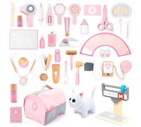 UMU® Lot de 37 Jouets vétérinaires en Bois pour Enfants avec Chat en Peluche, stéthoscope, tensiomètre, etc. Jouet vétérinaire pour garçons et Filles de 3, 4, 5 Ans