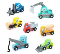 UMU® Lot de 8 véhicules de construction en bois pour enfants - Compatible avec les kits de chemin de fer Brio World et d'autres marques - Avec pelleteuse, grue, rouleau, etc. - Pour enfants à partir