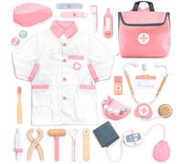 UMU® Malette Docteur Enfant en Bois - Kit Médecin 20 Pièces avec Stéthoscope, Accessoires de Dentiste, Blouse, Seringue et Plus, Jouet Docteur pour Enfants dès 3 4 5 6 Ans, Jeu d’Imitation Éducatif