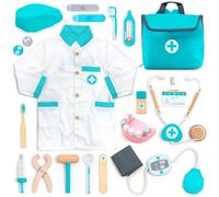 UMU® Malette Docteur Enfant en Bois - Kit Médecin 20 Pièces avec Stéthoscope, Accessoires de Dentiste, Blouse, Seringue et Plus, Jouet Docteur pour Enfants dès 3 4 5 6 Ans, Jeu d’Imitation Éducatif