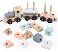 UMU® Train en bois 2 en 1 pour tout-petits - Kit de train avec 2 waggongs avec tri et jouets empilables (18 pièces, entièrement démontable), 37 cm de long, jouet Montessori pour enfants à partir de 1