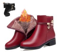 UMYUOANY Bottes orthopédiques en cuir véritable et laine pour femme - Chaudes - Talon bas - Fermeture éclair latérale - Strass étincelants - Imperméables, Doublure épaisse rouge, 41 EU