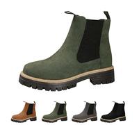 UMYUOANY Bottines Chelsea élastiques à bout rond pour femme - En daim - Talon épais - Confortables et décontractées - Chaussures de marche à enfiler, Vert, 38 EU