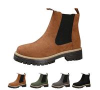 UMYUOANY Bottines Chelsea élastiques à bout rond pour femme - En daim - Talon épais - Confortables et décontractées - Chaussures de marche à enfiler, marron, 38 EU