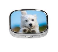 Un adorable chiot West Highland Terrier en train de courir, boîte à pilules Meta à 2 compartiments, organiseur portable