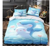 Un adorable duo de dauphins 3D Imprimé Housse de couette 3 pièces Microfibre éclair dissimulé Illustration de dessin animé Drap de couette 2 taies respirant déco chambre couple Single (135x200cm)