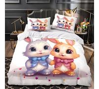 un adorable duo de lapins 3D Imprimé Drap de couette Microfibre anti-decoloration Illustration de dessin animé Housse de couette 2 taies éclair anti-tache déco chambre couple Single (135x200cm)