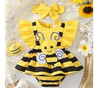 Un adorable ensemble de deux pièces thème abeille pour petites filles. L'ensemble comprend un Top à manches volantées, assorti à une jupe à ourlet rayé et un serre-tête jaune. Convient aux bébés de 0