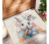 Un Adorable Lapin Mange Carottes Paillasson Lavable pour l'intérieur - Poils Courts - Éclaboussures D'Aquarelle - 90 x 150 cm - Antibactérien - Antidérapant pour Porte d'entrée Patio Couloir, Beige