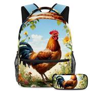 Un adorable poulet et une fleur atteignent l'excellence académique avec cet ensemble de cartable, sac à dos et trousse à crayons pour garçons, filles et adolescents, multicolore, B：29.4x20x40cm\