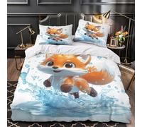 Un adorable renard qui saute 3D Imprimé Housse de couette Microfibre inaltérable Illustration d'animal de dessin animé Drap de couette 2 taies entretien facile couples famille King（220x240cm）