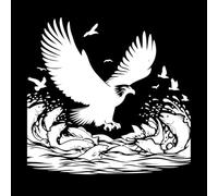 un aigle survolant une rivière avec des poissons et des oiseaux Stickers muraux en vinyle 42x43.7cm Multicolore Blanc