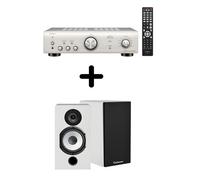 Un ampli Denon PMA-600NE Argent + une paire d'enceintes bibliothèque Cabasse Antigua MT32/2 Blanc