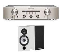 Un ampli Marantz PM6007 Argent et Or + une paire d'enceintes bibliothèque Cabasse Antigua MT32/2 Blanc mat Argent et Or E