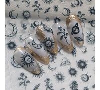 Un autocollant pour ongles rétro et minimaliste avec un design texturé en relief, dessin à la main simple, avec des éléments tels que la lune, le soleil, la planète, les fleurs, etc. Convient pour un