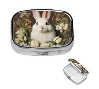 Un beau pilulier carré portable en forme de lapin blanc à 2 compartiments - Joli pilulier de voyage - Organisateur de vitamines pour sac à main, poche, cadeau de voyage