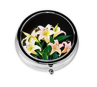 Un bouquet de lys au soleil Mini boîte à pilules ronde, peut être mise dans un portefeuille, une poche, légère et pratique, pilulier à 3 compartiments, pilulier portable,