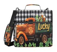 Un camion à carreaux avec beaucoup de trèfles fond vichy noir et blanc à 3 anneaux de 3,8 cm avec bandoulière et poignée, plusieurs poches, portefeuille zippé pour collège