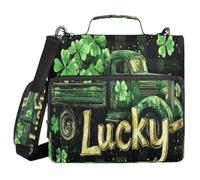 Un camion vert plein de trèfle doré noir et blanc Buffalo Plaid 3,8 cm Classeur de rangement à 3 anneaux avec bandoulière Comprend une poche zippée Portfolio portable pour l'école