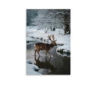 Un cerf Sika Steps Through The Newly Thawed Stream, bois suspendus avec des pics de glace, branches de saule qui poussent de nouveaux bourgeons sur la rive Décoration murale moderne à suspendre