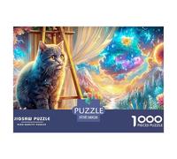 Un Chat Gris s'assoit sur Une Palette d'artiste, Fond Cosmique Puzzle De 1000 Pièces Pet Chat Mignon Cadeau Parfait pour Garçons, Filles, Hommes Et Femmes 38x26cm/1000pcs