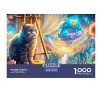 Un Chat Gris s'assoit sur Une Palette d'artiste, Fond Cosmique Puzzle De 1000 Pièces Pet Chat Mignon Cadeau d'anniversaire Parfait pour Enfants Et Adultes 70x50cm/1000pcs